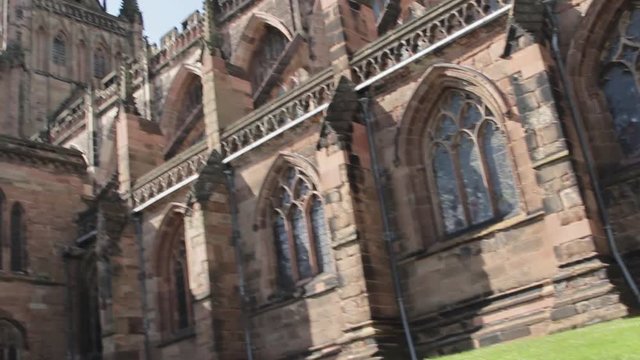 Panning Shot showing Lichfield cathedral in all Gothic Grandeur from foundations to spire