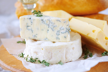 Cheese plate with different kinds of cheese with white wine