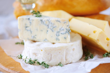 Cheese plate with different kinds of cheese with white wine