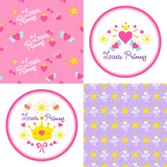 Fototapeta na wymiar Set of little princess patterns vector and round stickers. Cute girl print with pink hearts, crowns, wings, bows and stars for template birthday card, baby shower invitation, wallpaper and fabric.