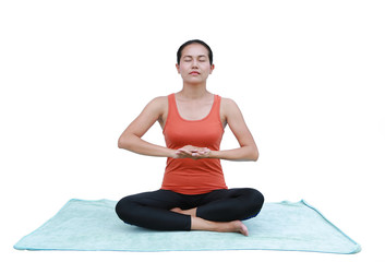 Asian Young woman doing yoga exercises isolated on white background