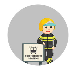 fireman with firefighter station sign in circle background