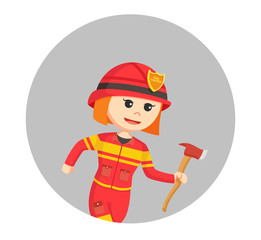 firewoman running with axe in circle background