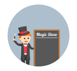 magician with black board in circle background