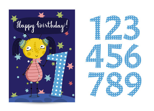 Happy birthday cartoon greeting card template with digits set on space theme. Cute alien, colorful stars, saturn planet vector on blue background. Editable invitation on childrens costumed party