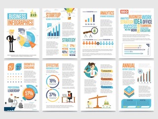 Naklejka na ściany i meble Business infographics banner set with charts vector illustration. Data visualization elements, marketing chart and graph. Business statistics, planning, analytics, startup strategy, coaching, teamwork