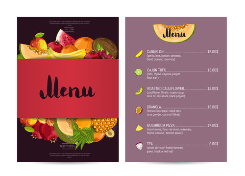 Vegetarian Restaurant Food Menu Design Vector Illustration. Vegan Cafe Menu, Price Catalog Of Natural Nutrition, Organic Food Shop, Healthy Diet Retail. Green Menu Card Template With Fruit Elements