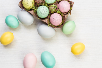 Easter spring eggs on white background texture