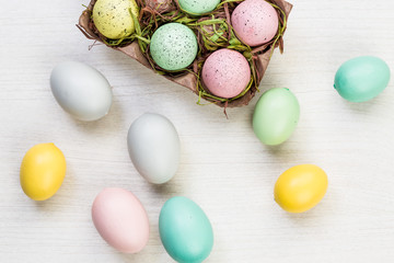 Easter spring eggs on white background texture
