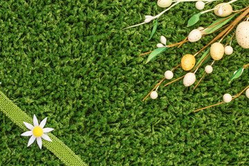 Easter spring eggs on green grass with flowers daisies