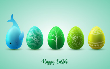 Funny Easter eggs on green sunny background