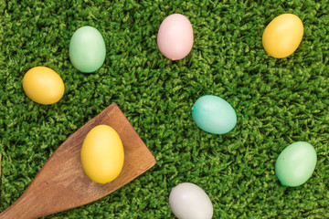 Fototapeta na wymiar Easter spring eggs on green grass on wooden spoon