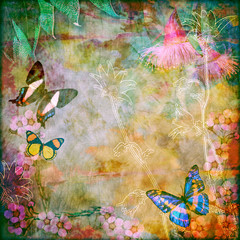 Fototapeta na wymiar Vintage floral background with Australian butterflies. Colourful aged wood textured background. Copy space for text. 