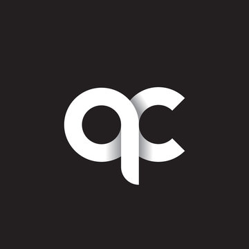 Initial lowercase letter qc, linked circle rounded logo with shadow gradient, white color on black background