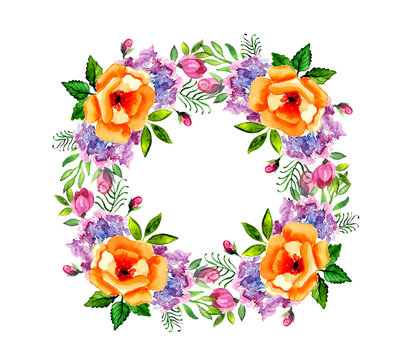 Watercolor flower roses wreath