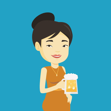 Woman drinking beer vector illustration.
