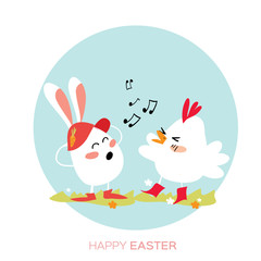 Cute Chick and Bunny singing. Happy Easter