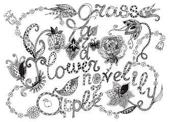 Fototapeta premium Beautiful black and white flowers and lettering with decorative ornament.