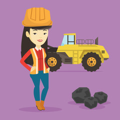 Naklejka premium Miner with a big excavator on background.