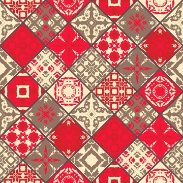 Seamless patchwork pattern from square patches. Ornamental ceramic tile.