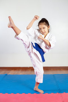 Children during training in karate. Fighting position