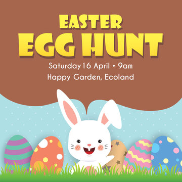 Easter Egg Hunt Poster, Invitation, Leaflet Template Design. Easter Eggs On The Meadow With Cartoon Bunny And Blue Sky As Background.