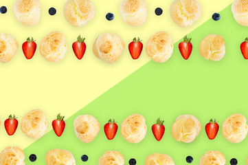 background pattern, seamless pattern, dessert background pattern,  Choux Cream with fresh blueberry and strawberry decorated on colorful background pattern.