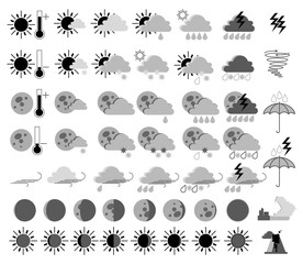 Weather set of icons. Rain and thunderstorms, sunny, tornado, tsunami, volcanic eruption. Vector