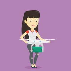 Woman controlling delivery drone with post package