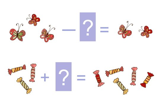 Educational game for children. Cute illustration of mathematical addition and subtraction. Vector image. Examples with butterflies and candies