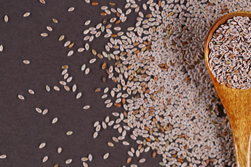  wooden spoon full of seeds of Indian plantain on a dark brown background