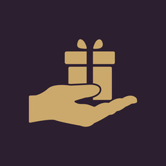Gift in hand icon. Birthday, present, surprise symbol. Flat design. Stock - Vector illustration