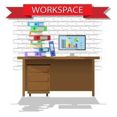 Flat design vector illustration of workspace interior with banner