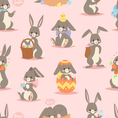 Happy adorable rabbit cartoon character cheerful mammal holiday art hare with basket and cute easter bunny with eggs funny animal vector seamless pattern