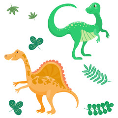 Cartoon dinosaurs vector illustration isolated monster animal dino prehistoric character reptile predator jurassic fantasy dragon leaf