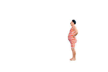 Close up miniature toy of fat people wear swimming suit isolated with clipping path on white...
