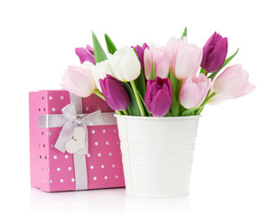 Colorful tulips bouquet and gift box