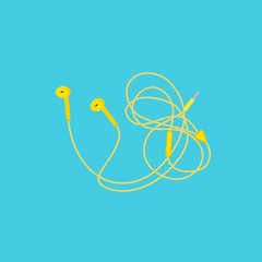 Modern style headphones on blue background. Music earphones with connector and switch controller. Earbuds accessory top view. Vector illustration.