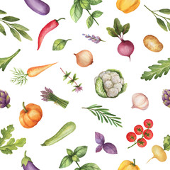 Watercolor seamless pattern vegetables and herbs isolated on white background.