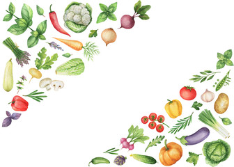 Watercolor vegetables and herbs isolated on white background.