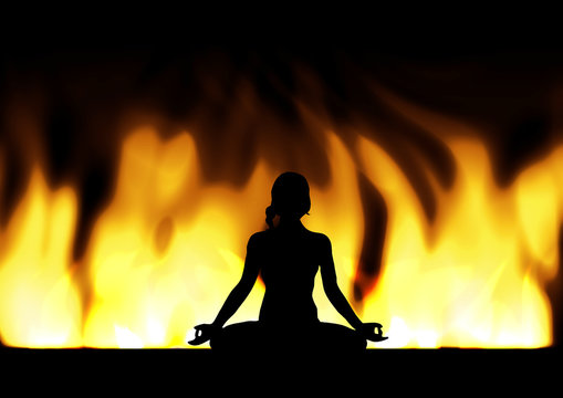 瞑想する女性シルエットと炎の背景