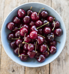 Red cherries in antique bowl
