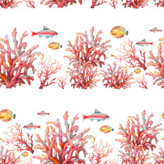 Fototapeta premium Watercolor nautical seamless pattern. Hand painted underwater texture with fishes and corals on white background. Sea wallpaper design