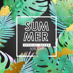 Floral flayer or discount voucher vector template. Trendy summer illustration. Tropical leaves and glittering gold texture on solid black background. - 139653516