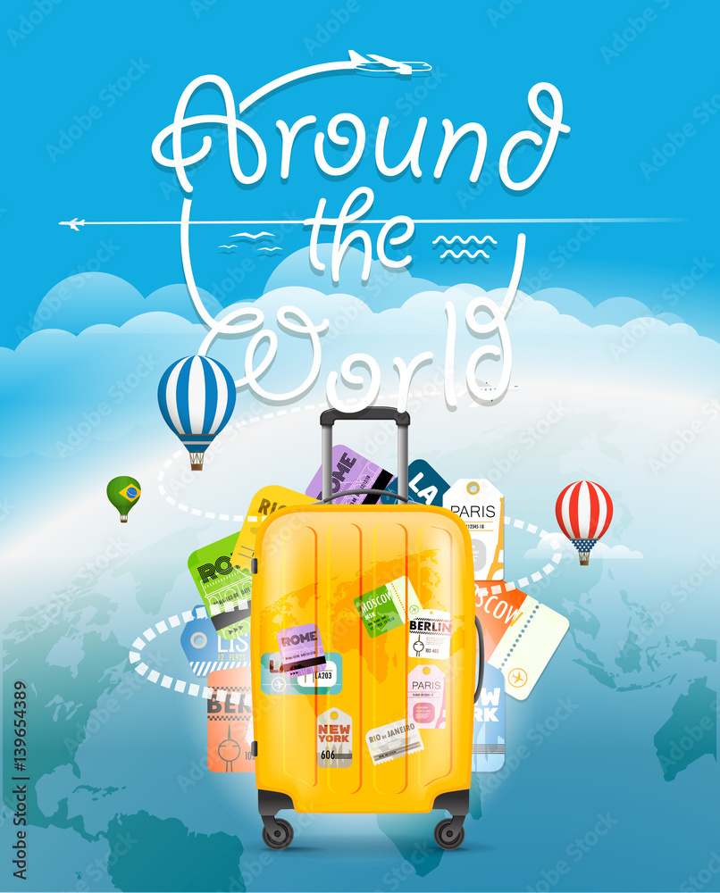 Poster go travel concept. travel bag and different touristic elements