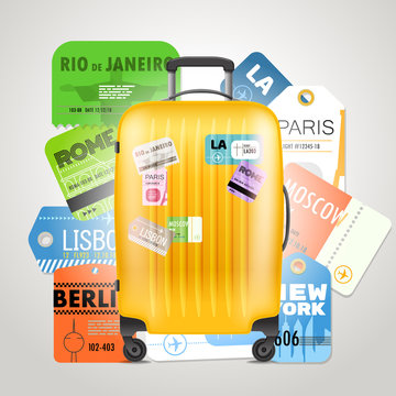 Different boarding pass collection and modern travel bag. Travel concept