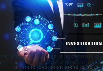 Business, Technology, Internet and network concept. Young businessman working on a virtual screen of the future and sees the inscription: Investigation