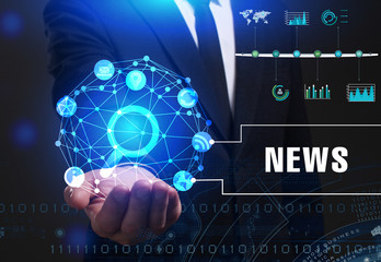 Business, Technology, Internet and network concept. Young businessman working on a virtual screen of the future and sees the inscription: News