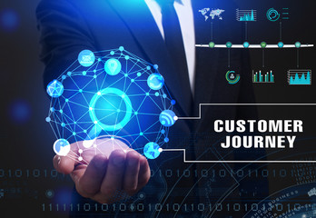 Business, Technology, Internet and network concept. Young businessman working on a virtual screen of the future and sees the inscription: Customer journey