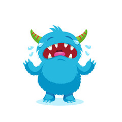 Angry Smile. Emotions Monster. Weeping Emotions Beast. Cry Blue Monster Cartoon Mascot Character. Vector Illustration Isolated On White Background.